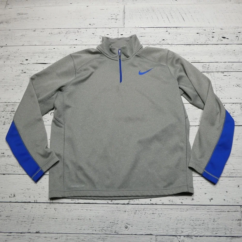 Nike Therma-FIT Sweatshirt Mens Large Gray 1/4 Zip Pullover Blue Swoosh Athletic
